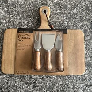 Cost Plus World Market Acacia Wood Cheese Set with Silver Utensils